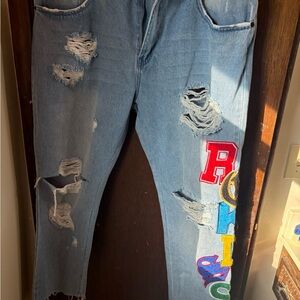 Young & Reckless Blue Jeans with Colorful Lettering